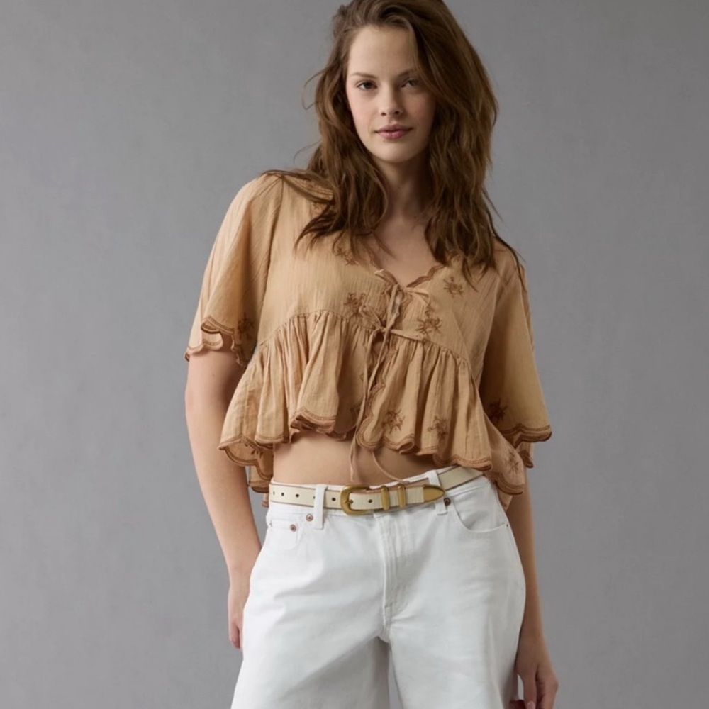 American Eagle Outfitters Tan Embroidered Blouse